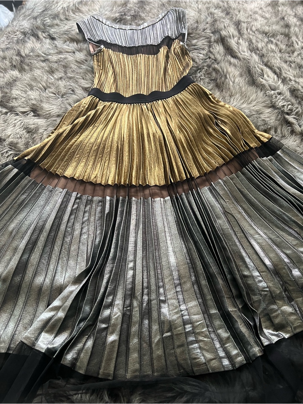 BCBGMaxAzria Metallic Gold and Silver Pleated Midi Dress - Picture 8 of 16